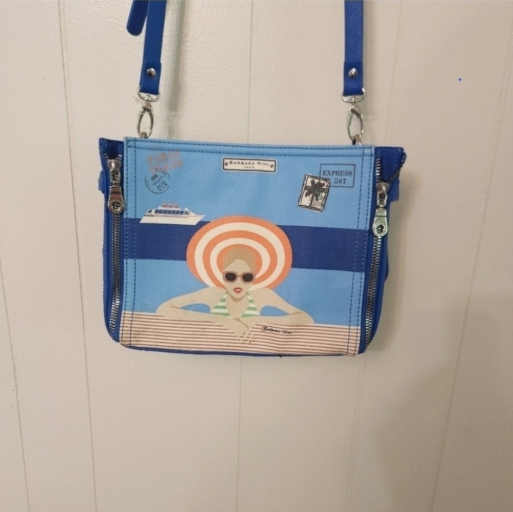 Barbara Rihl Vintage 1960s Blue Purse with Woman at Beach
